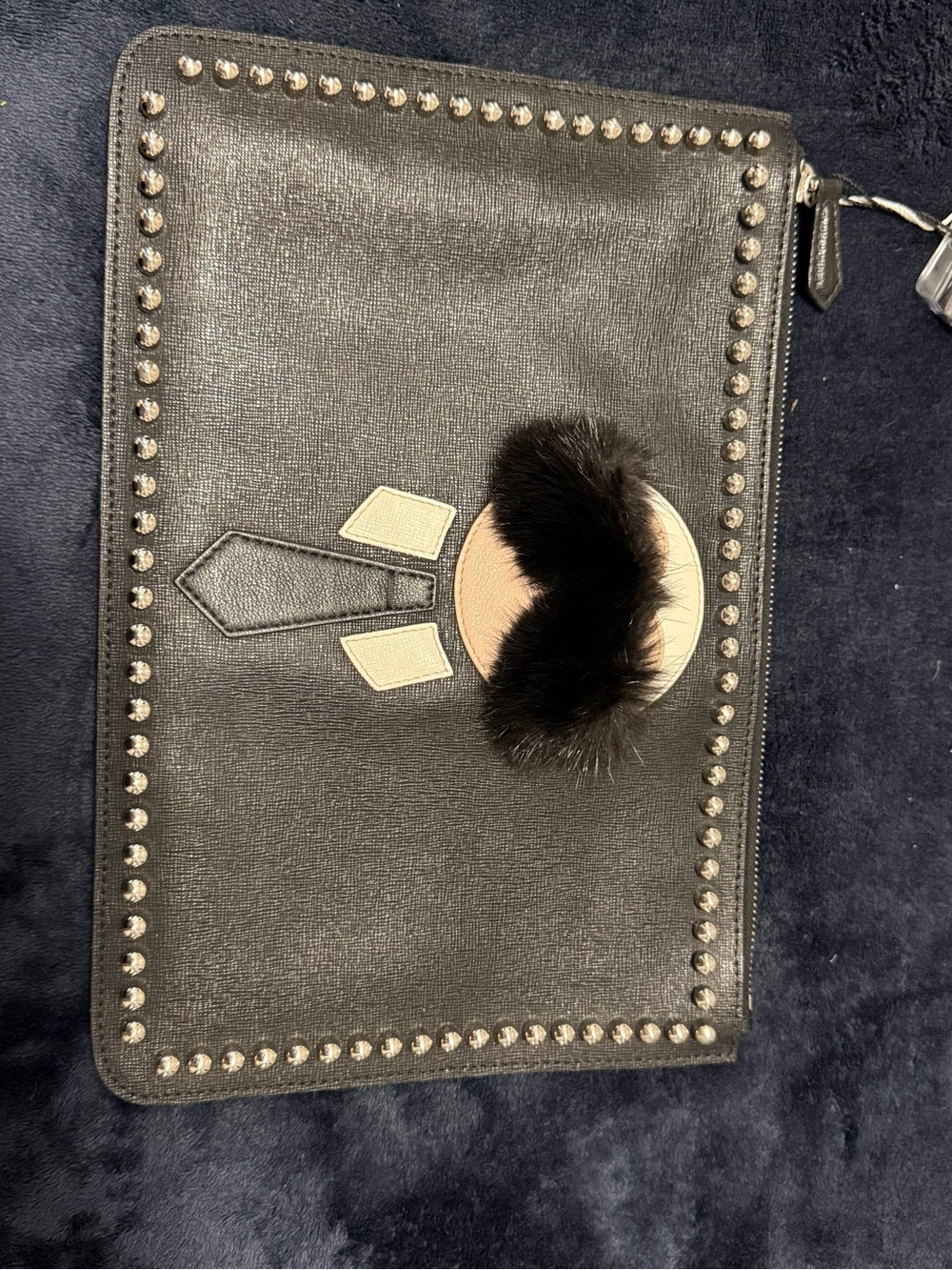 Fendi Black Studded Leather Wristlet with Fur Accent